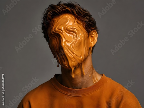 A man with a smooth liquid-dripped face poses against a gray studio backdrop. Useful for identity, anonymity, surreal art, conceptual branding, and editorial storytelling.