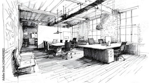 Architectural hand sketch of a spacious office interior. Sunlight streams through tall windows illuminating desks, chairs, and brick walls