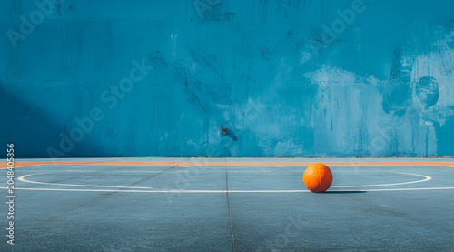An orange sphere rests on a court with a blue wall in the background under sunlight, casting a shadow. The scene feels deserted