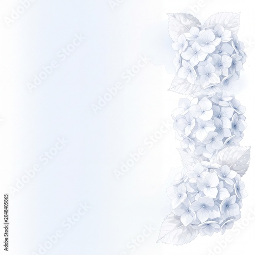 Delicate pale blue hydrangea floral border on a white background