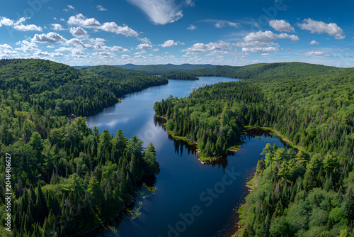 Aerial view captures a serene freshwater lake nestled amongst vibrant green coniferous forests under a bright blue sky