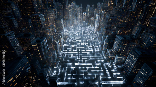 Aerial perspective of a sprawling cityscape with glowing paths forming a maze amidst towering structures, at night