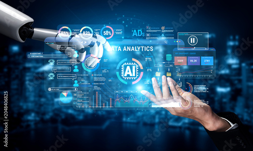 Canvastavla Advanced Data Analytics and AI Integration, Hand of Robot and Human Collaborating in Digital Environment with Graphs and Statistics Fluxor
