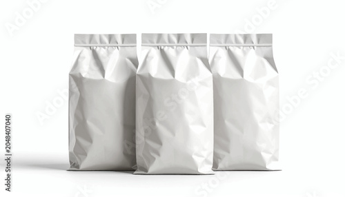 Three blank white stand-up pouches with zipper closure, isolated on a white background, perfect for product packaging mockups and branding