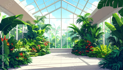 Vibrant semi-3D illustrative botanical conservatory with exotic plants and lush green foliage bathed in natural light, a tranquil indoor garden oasis