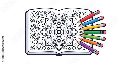 Canvastavla Colorful pencils beside an intricate mandala design