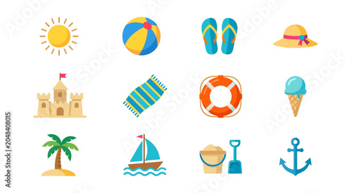 Canvas Print Colorful Summer Beach Icons Featuring Fun Activities