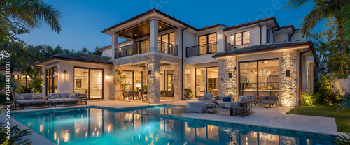 A luxurious home is seen at dusk, showcasing an expansive pool and outdoor seating. The house features stone accents and multiple levels with lit windows