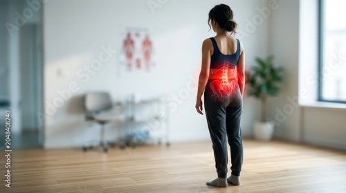 Woman with back pain standing alone.