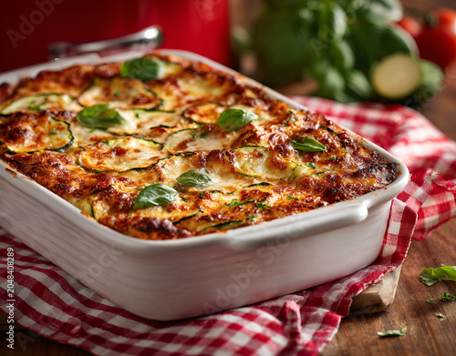 A close-up shot of a baked casserole in a rectangular ceramic dish, garnished with fresh basil. It's set on a wood table with a red checkered napkin