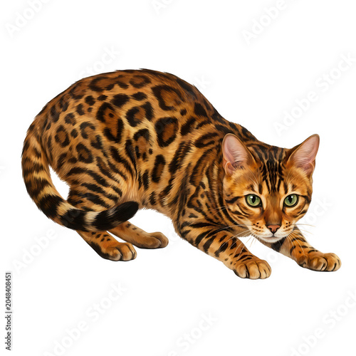 Bengal cat crouching in playful pounce position isolated on transparent background