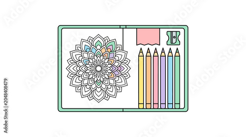 Fotografija Coloring Set with Mandala Design and Pencils