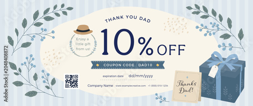 Nordic Style Father's Day Coupon Template - Hand-drawn Gift & Botanical Illustration

