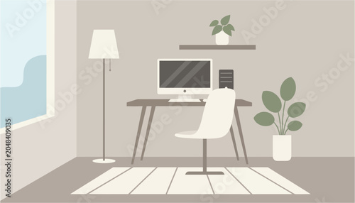 Minimalist home office setup with computer desk and plants during daytime