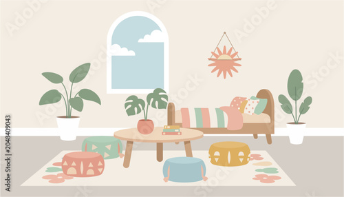 Quadro em tela Cozy bohemian bedroom interior with plants and soft furnishings against a neutra