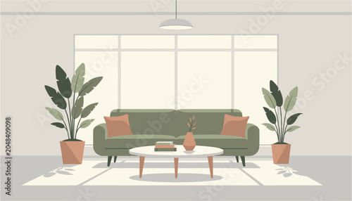 Modern living room with green sofa coffee table and potted plants during bright daylight