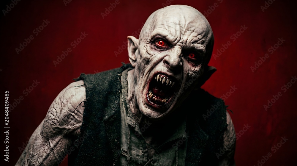 Fototapeta premium A bald vampire creature snarls with sharp teeth against a red background. Strong for horror posters, game villains, and dark fantasy campaigns.