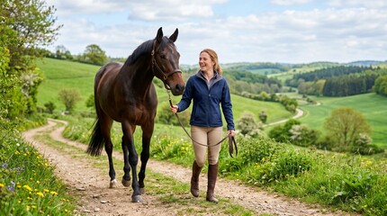 Woman walking horse on dirt path.