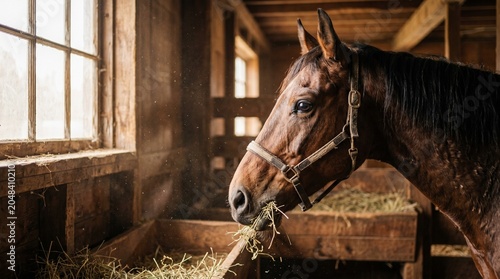 Brown horse eating hay in stable.