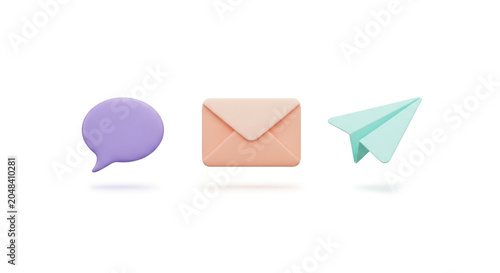 Three dimensional icons of a purple speech bubble a peach envelope and a mint green paper plane floating smoothly in soft lighting on white background