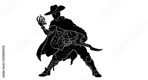 steampunk warrior silhouette with mechanical arm holding compass fantasy explorer vector illustration isolated on white background