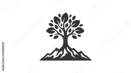 Foto Stylized Tree Growing on Mountain Peaks with Visible Roots - Black and White Ico