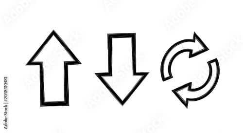 Hand drawn sketch style directional arrows pointing up and down alongside a circular refresh symbol rendered with bold black lines and rough artistic textures on white background.