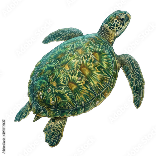 Green Sea Turtle swimming upward isolated on transparent background
