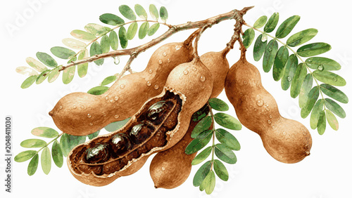 Bild auf Leinwand Brown Pod tamarind pod isolated watercolor vector illustration svg