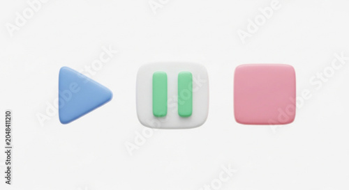 A set of 3d media control buttons featuring a blue play triangle a green pause symbol and a pink square stop icon on white background