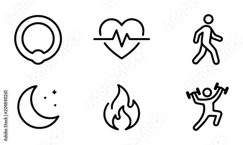 Bild auf Leinwand Health and Fitness Icons: Heartbeat, Sleep, Walking, Fire, Dumbbell, Ring - Vect