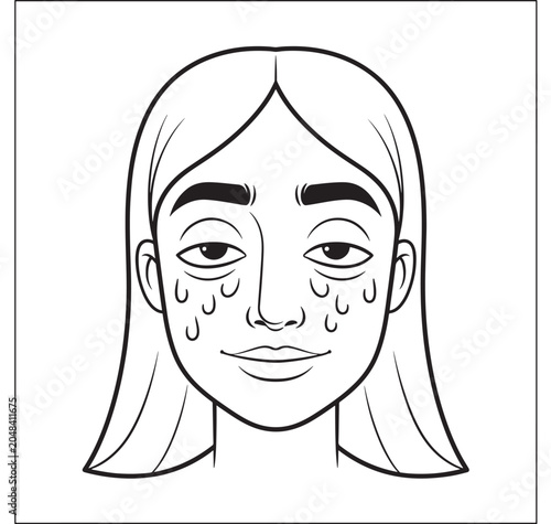 Vászonkép Stylized Face with Smiling Mouth and Tears, Black and White Illustration Featuri