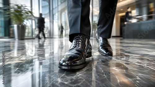 Professional businessman wearing polished black leather dress shoes walks across a shiny marble office floor during a busy workday while showcasing his stylish and formal attire