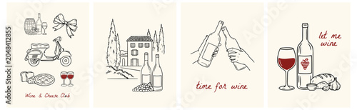 Tablou pe pânză Wine Tasting Poster Collection in Retro Hand Drawn Style with Vintage Winery Ele