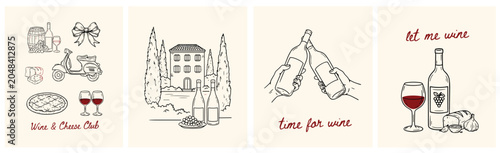 Fotografie Wine Tasting Poster Collection in Retro Hand Drawn Style with Vintage Winery Ele