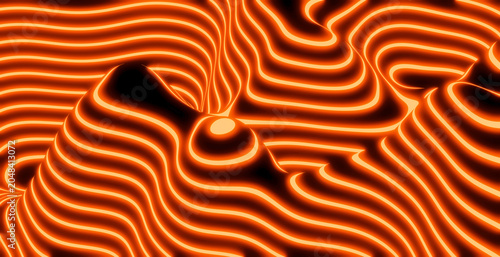 Orange 3D lines on black background, neon colored glowing dynamic 3d cyber an...