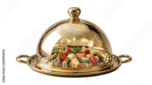 Gourmet Food Presentation on Golden Serving Platter with Fresh Ingredients and Elegant Style