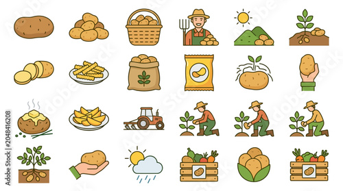 Tableau sur toile Farmer harvesting potatoes with various potato dishes