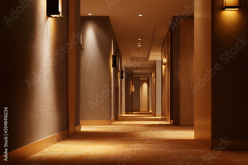 Long corridor with warm lighting, leading towards an unseen endpoint. Walls are textured and doors are visible along the sides