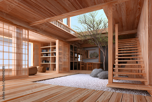 Interior view of a wooden Japanese-style house with an open courtyard, wooden floor, sliding doors, and a staircase