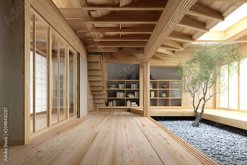 Interior view of a wooden Japanese-style house with traditional sliding doors, a small courtyard, and a staircase