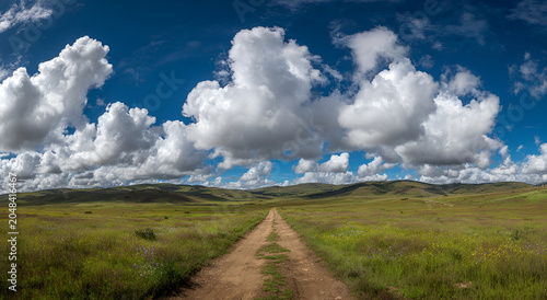 Expansive vista of a dirt road disappearing into grassy fields under a blue sky dotted with puffy white clouds. Rolling hills line the horizon