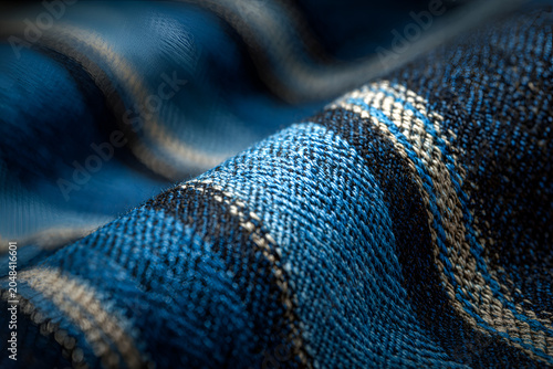 Close-up showcases folded fabric with vibrant blue, white, and black plaid pattern. Soft lighting emphasizes texture and detailed weaving