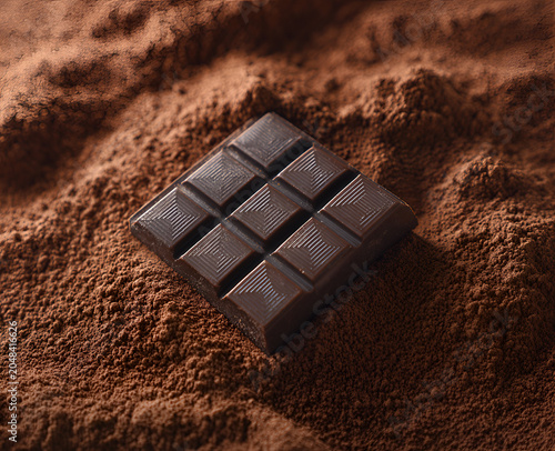 Close-up shot of a dark chocolate bar, square-shaped, resting on a bed of cocoa powder. Texture details, rich brown tones