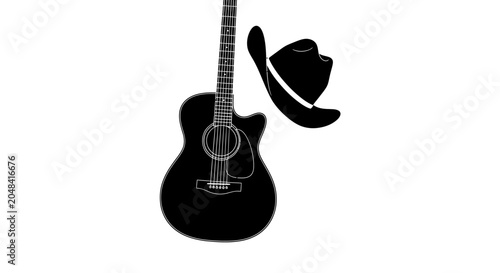 Obraz na plátně A black silhouette illustration featuring an acoustic guitar paired with a classic cowboy hat