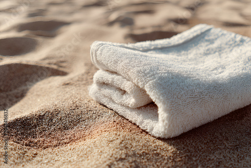 Close-up of a neatly folded, white terry cloth towel resting on sun-kissed sand, evoking a sense of relaxation and warmth. The focus is on the soft texture