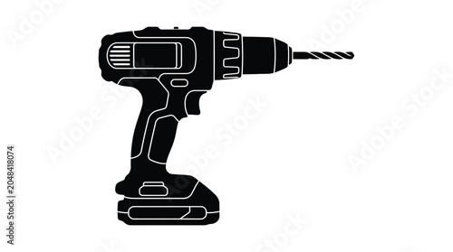 Black silhouette of a cordless power drill with a drill bit