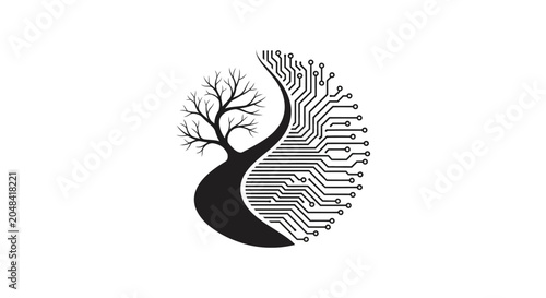 Принти на полотні Nature and Technology Yin Yang Symbol, Tree and Circuit Board Fusion