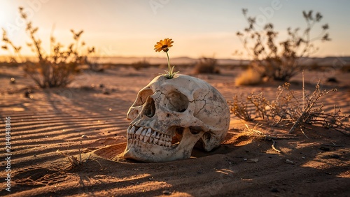 Skull resting on sandy desert dunes at golden hour with dramatic sunset lighting