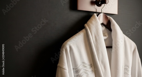Plush White Robe Hanging on Hook in Modern Bathroom.